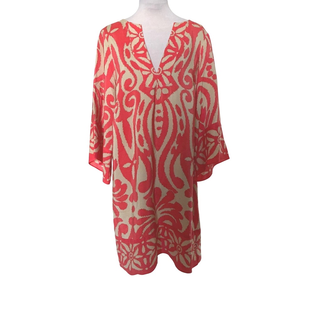 Alice & Trixie Silk Tunic Dress Medium Coral Orange Bell Sleeve Ikat Cover Up - Picture 3 of 15